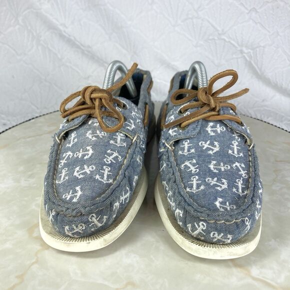 Sperry Top Sider Shoes Womens Size 6 Blue Canvas Blue Anchor Nautical Loafers - Picture 2 of 11